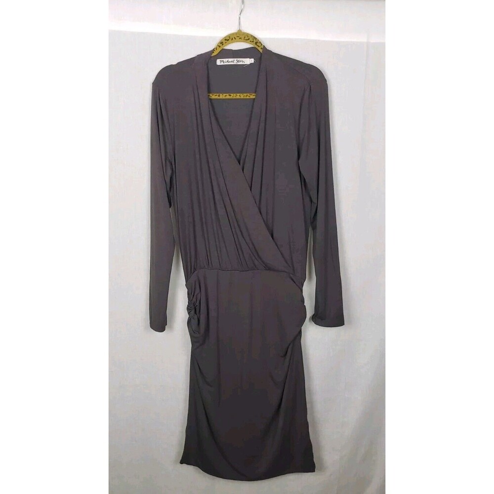 Michael Stars Dress Large Brown Faux Wrap Ruched Sides Casual Workwear Classy‎